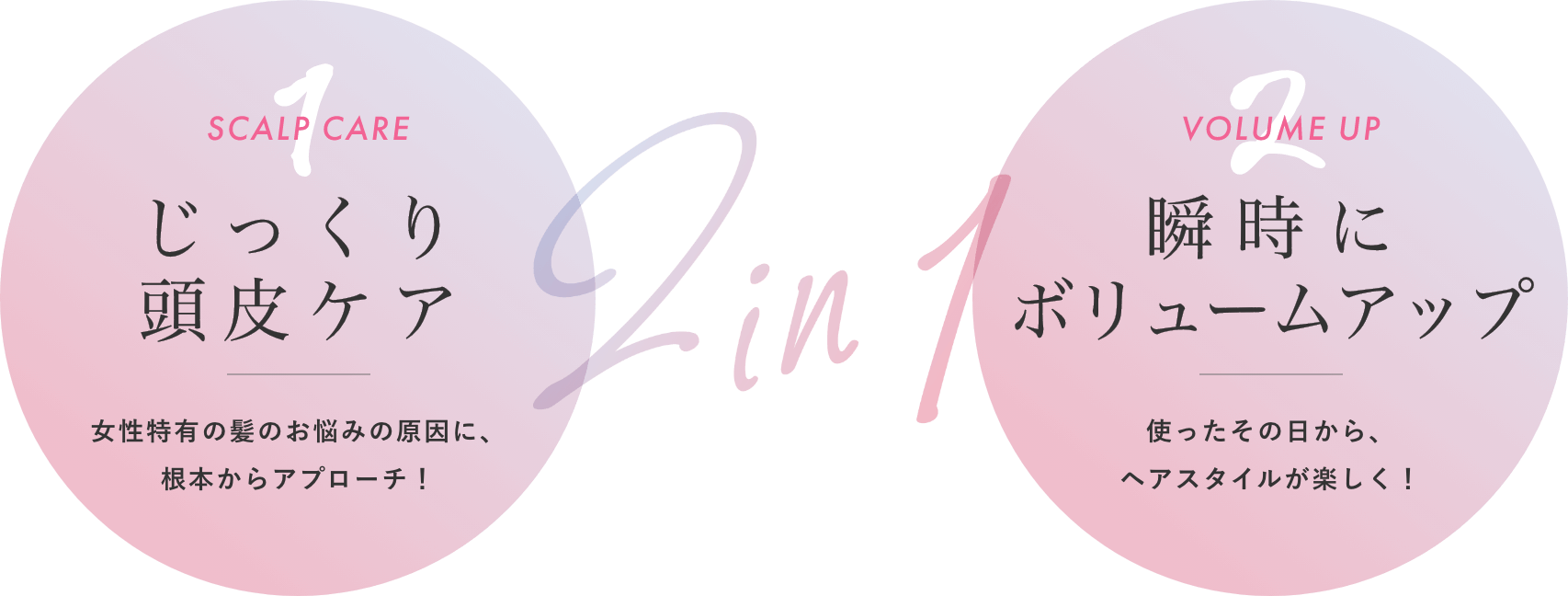 2in1 1 SCALP CARE じっくり頭皮ケア 女性特有の髪のお悩みの原因に、根本からアプローチ! 2 VOLUME UP 瞬時にボリュームアップ 使ったその日から、ヘアスタイルが楽しく!