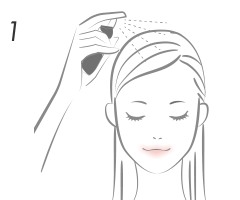 前髪・頭頂部・サイドの生え際など、ふんわりさせたい部分の髪を持ちあげ、根元に向かって適量をスプレーします。