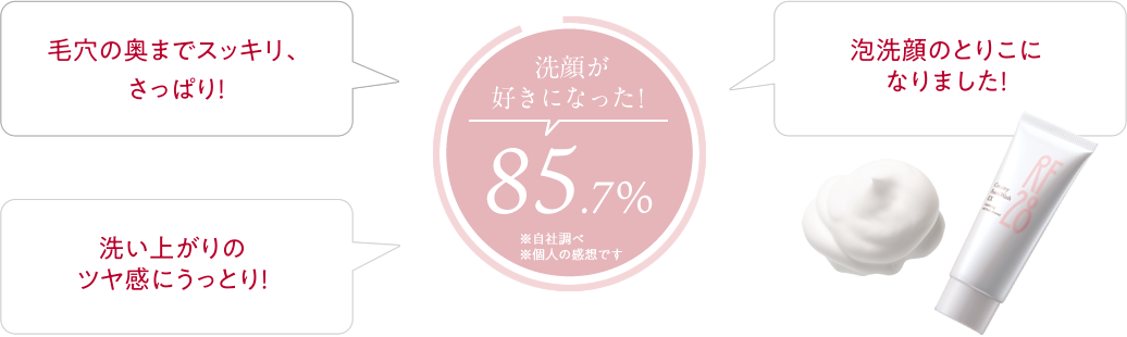 洗顔が好きになった! 85.7% 毛穴の奥までスッキリ、さっぱり! 泡洗顔のとりこになりました! 洗い上がりのツヤ感にうっとり!
