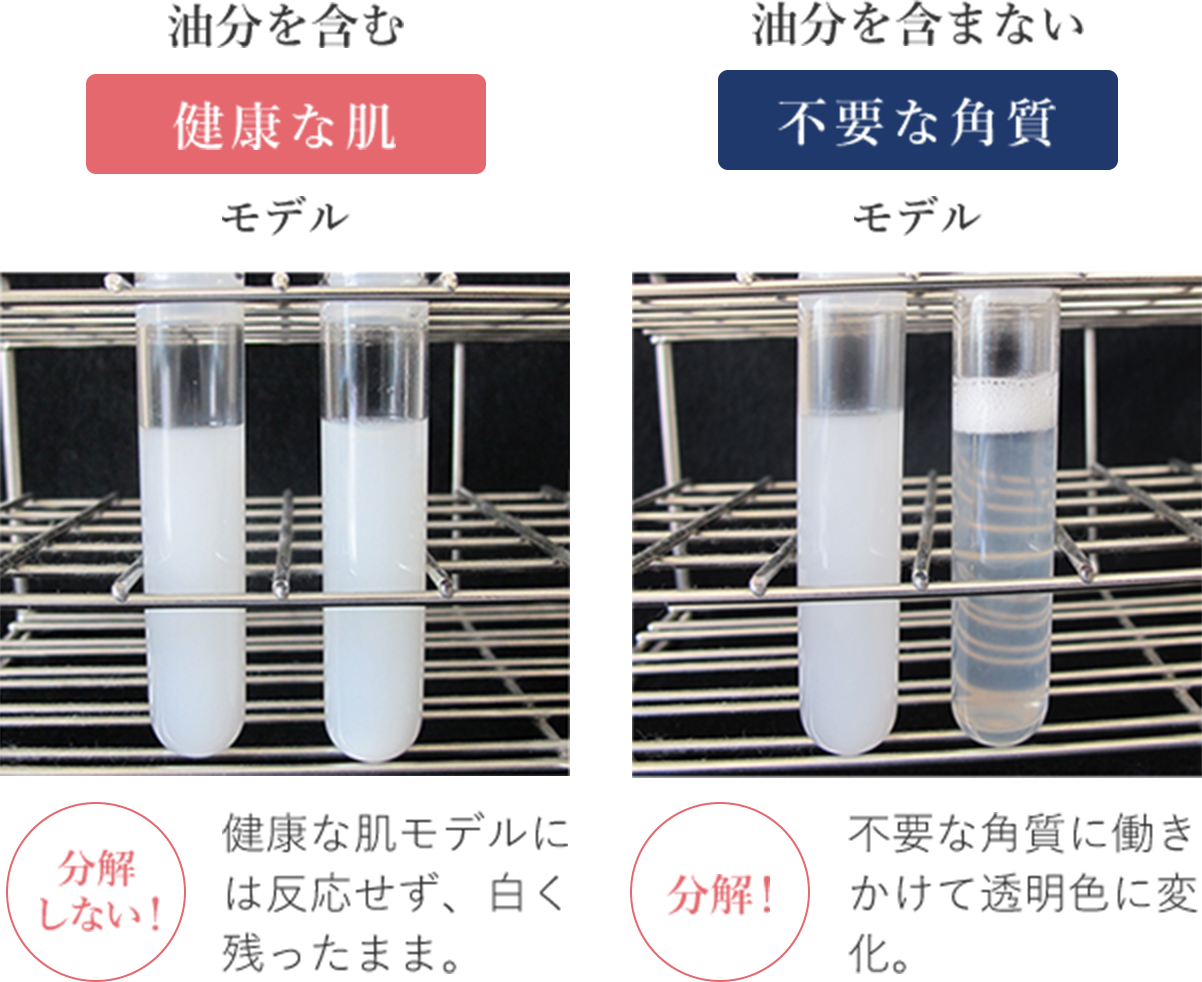 油分を含む健康な肌 分解しない! 健康な肌モデルには反応せず、白く残ったまま。 油分を含まない不要な角質 分解! 不要な角質に働きかけて透明色に変化。