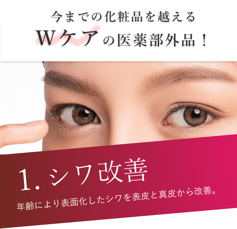 今までの化粧品を越えるWケアの医薬部外品! 1.シワ改善年齢により表面化したシワを表皮と真皮から改善。